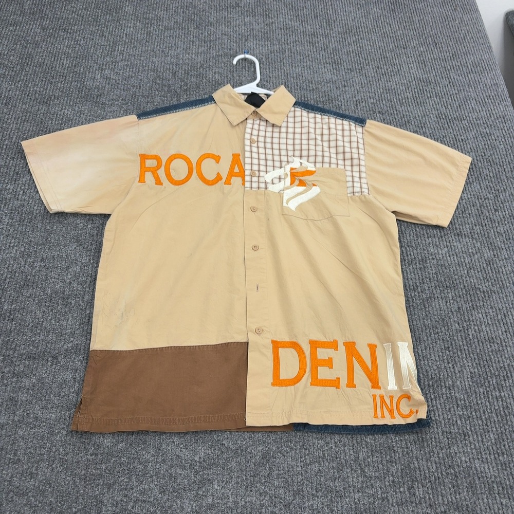 Vintage Rocawear‎ Shirt Boys L Tan Cotton Colorblock Patchwork Y2K Streetwear